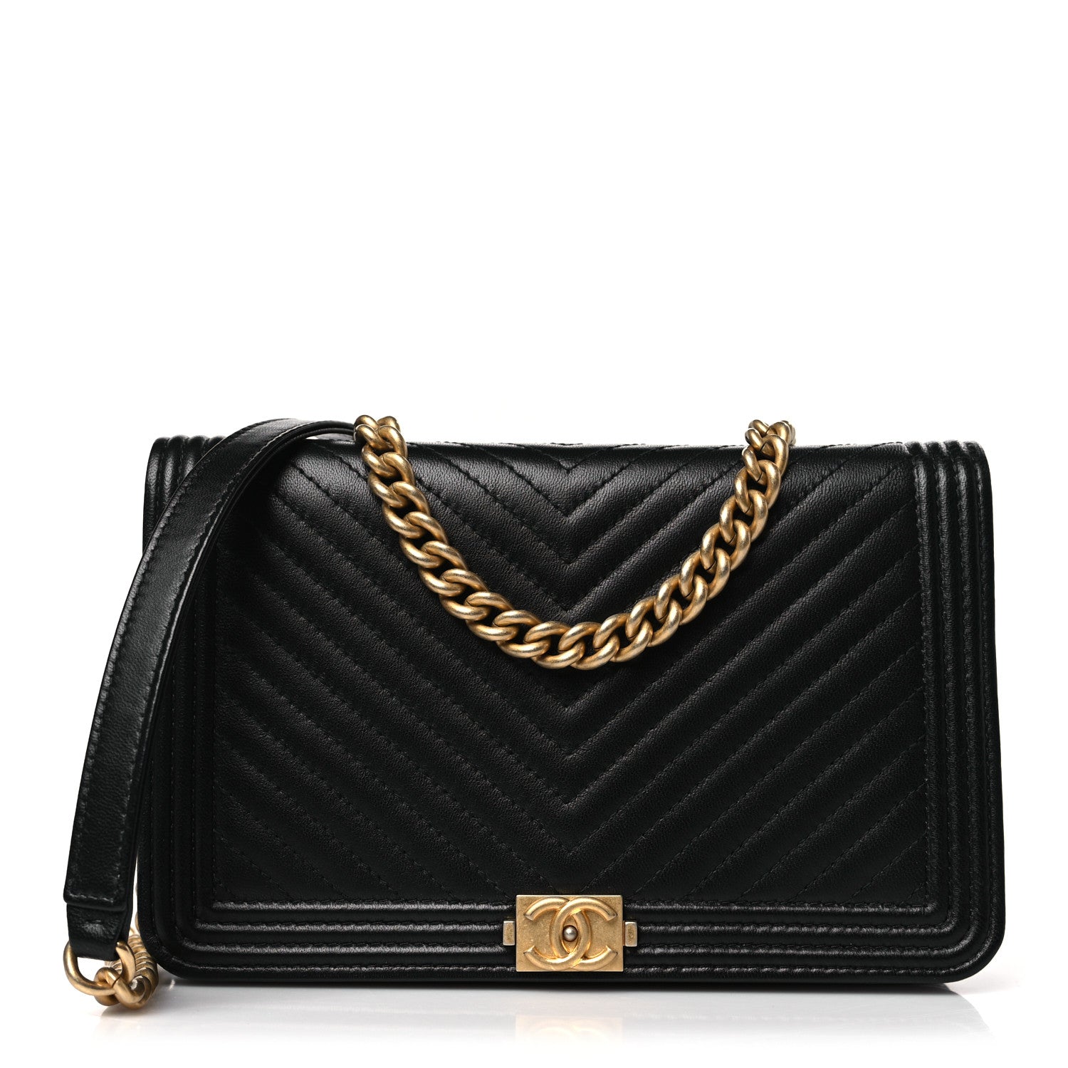 Chanel Lambskin Chevron Boy Wallet On Chain WOC Black 1 of 10