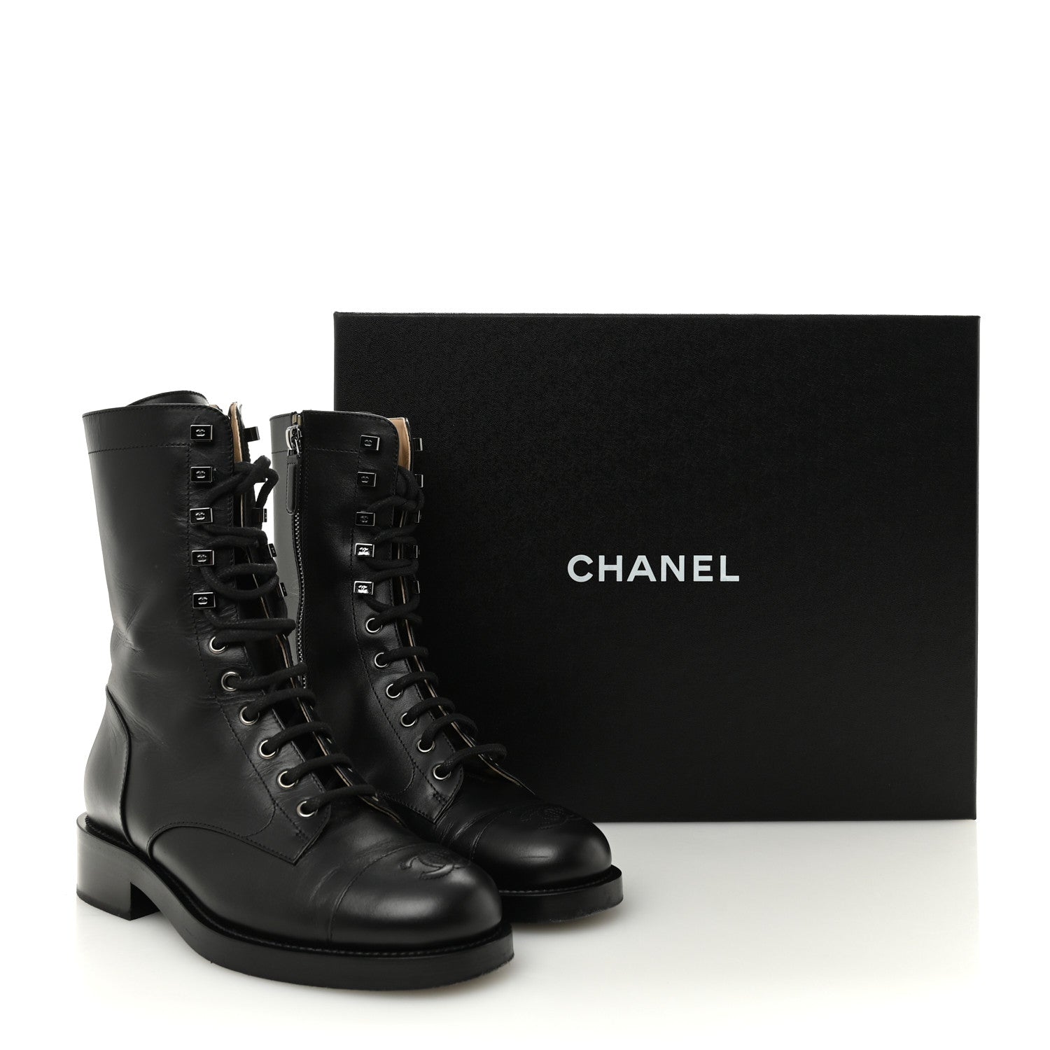 Chanel Calfskin Lace Up Combat Boots 37.5 Black 1826326 – FASHIONPHILE