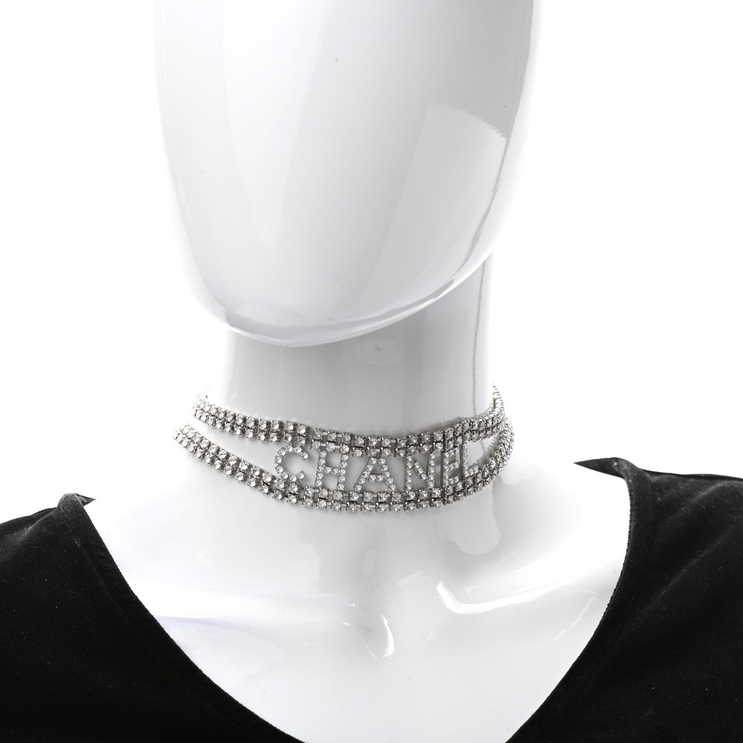Chanel Crystal CC Logo Choker Necklace Silver 2 of 4