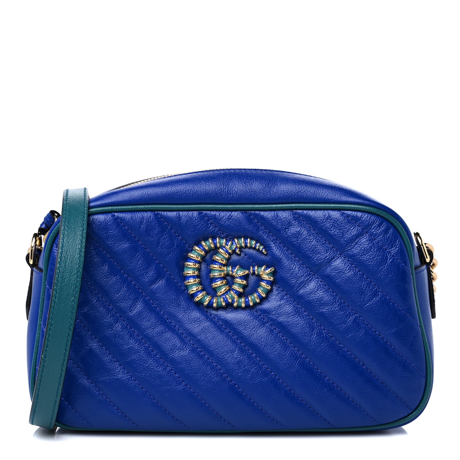 Gucci Azalea Calfskin Enamel Matelasse Diagonal Small Torchon GG Marmont Chain Shoulder Bag Imperial Blue Pavone 1 of 14