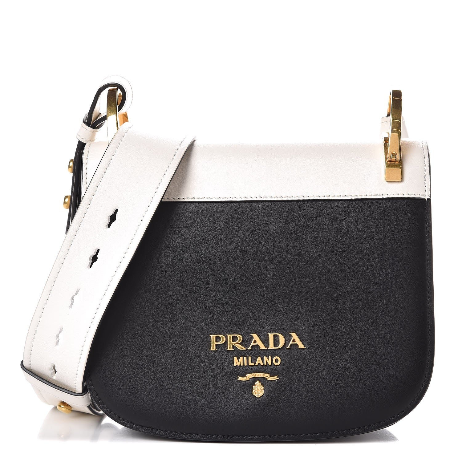 Prada City Calf Pionniere Saddle Bag Black White 1 of 6