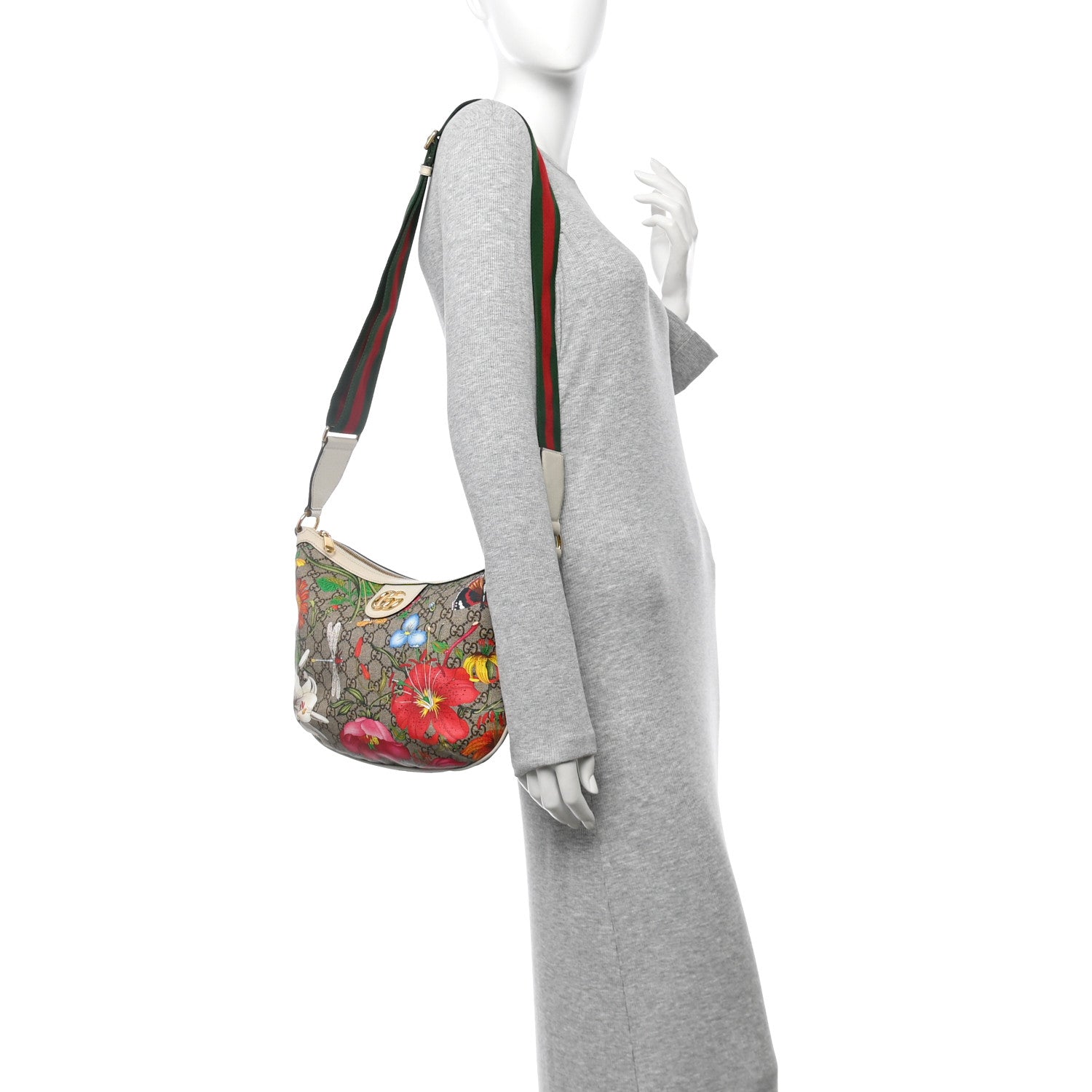 Gucci GG Supreme Monogram Flora Web Small Ophidia Half Moon Hobo White 2 of 12