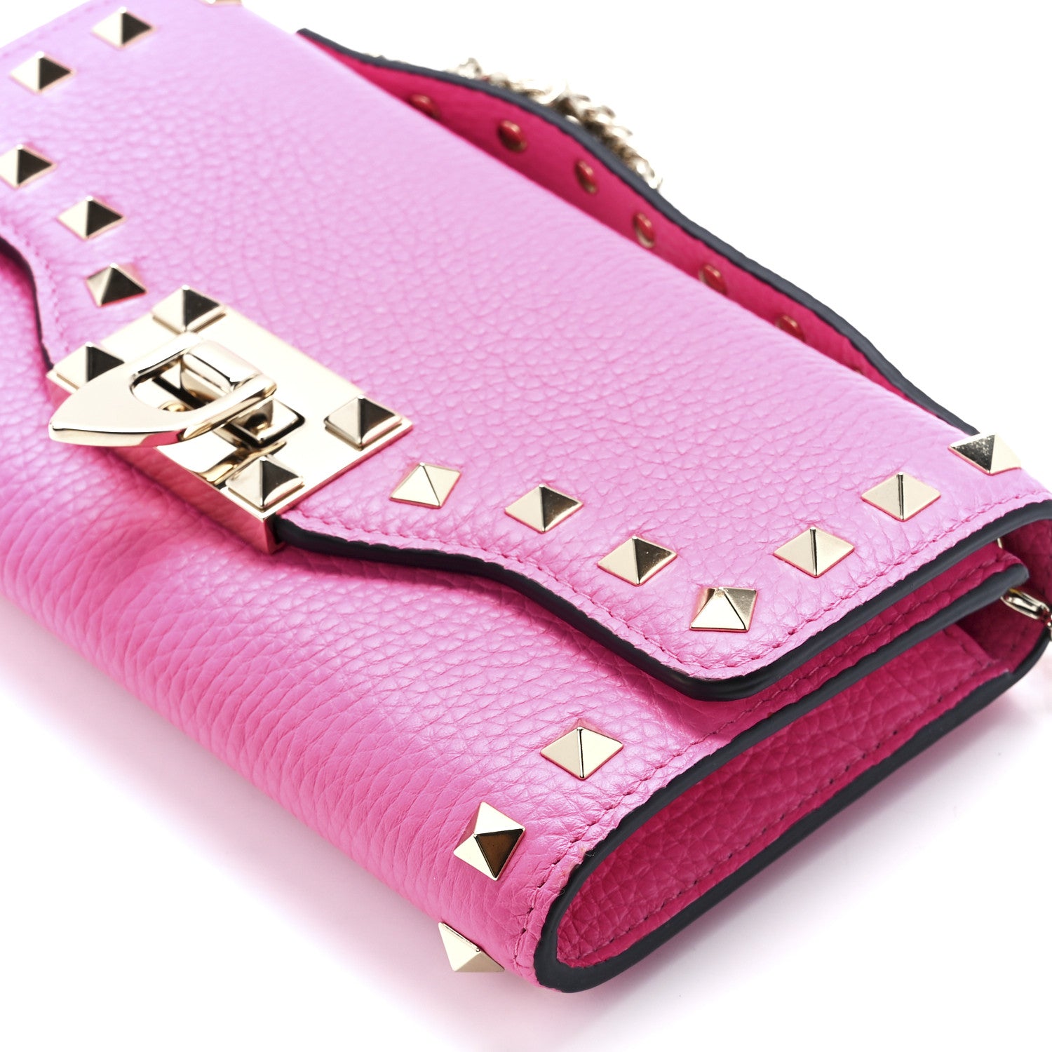 Valentino Garavani Pebbled Calfskin Rockstud Flip Lock Wallet On Chain Dawn Pink 10 of 10
