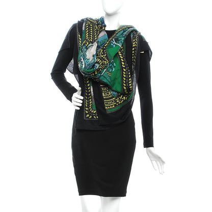 Hermes Cashmere Silk La Danse Du Cheval Shawl 140 Noir Vert Turquoise 2 of 8
