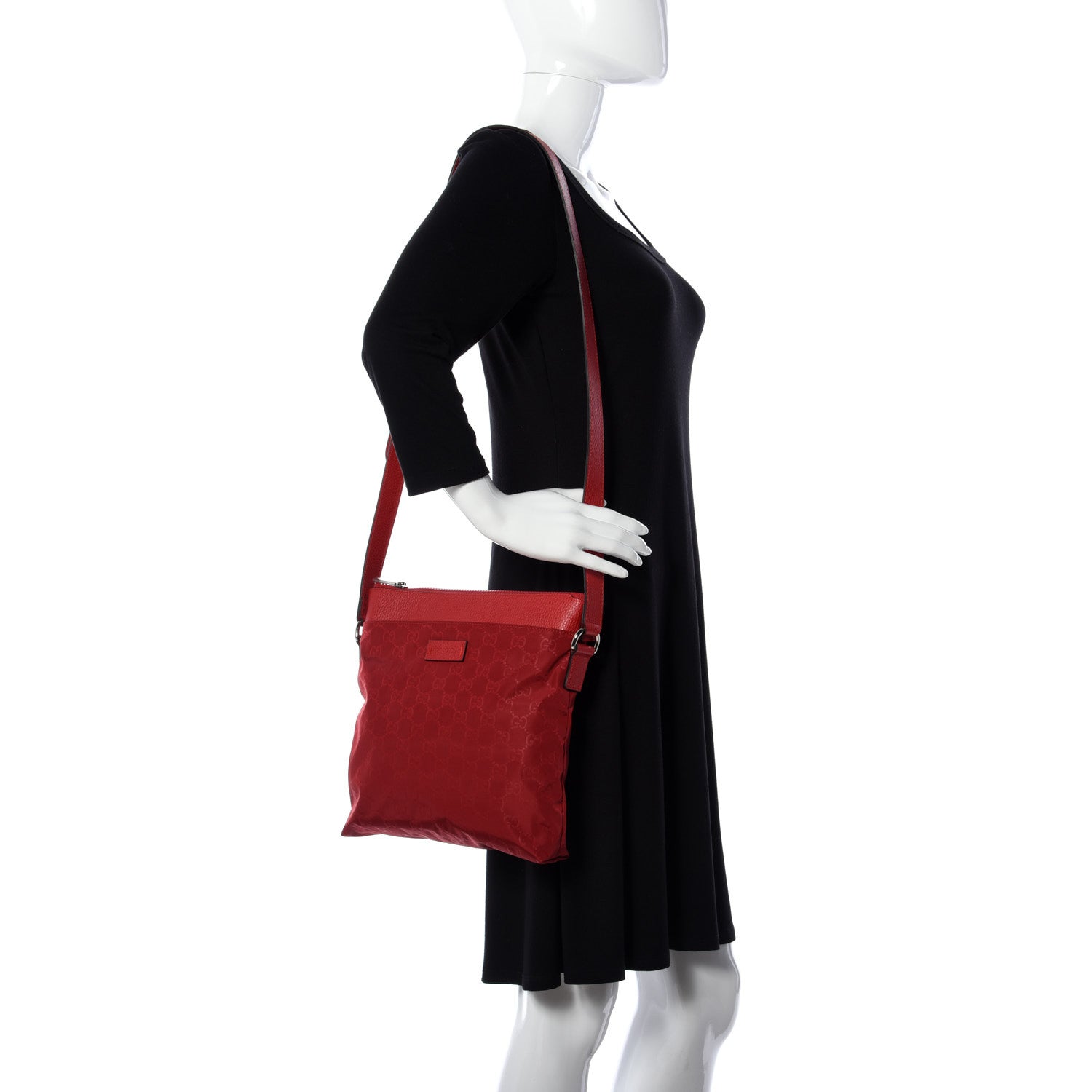 Gucci Nylon Monogram Dollar Calfskin Flat Messenger Bag Vibrant Red 2 of 9