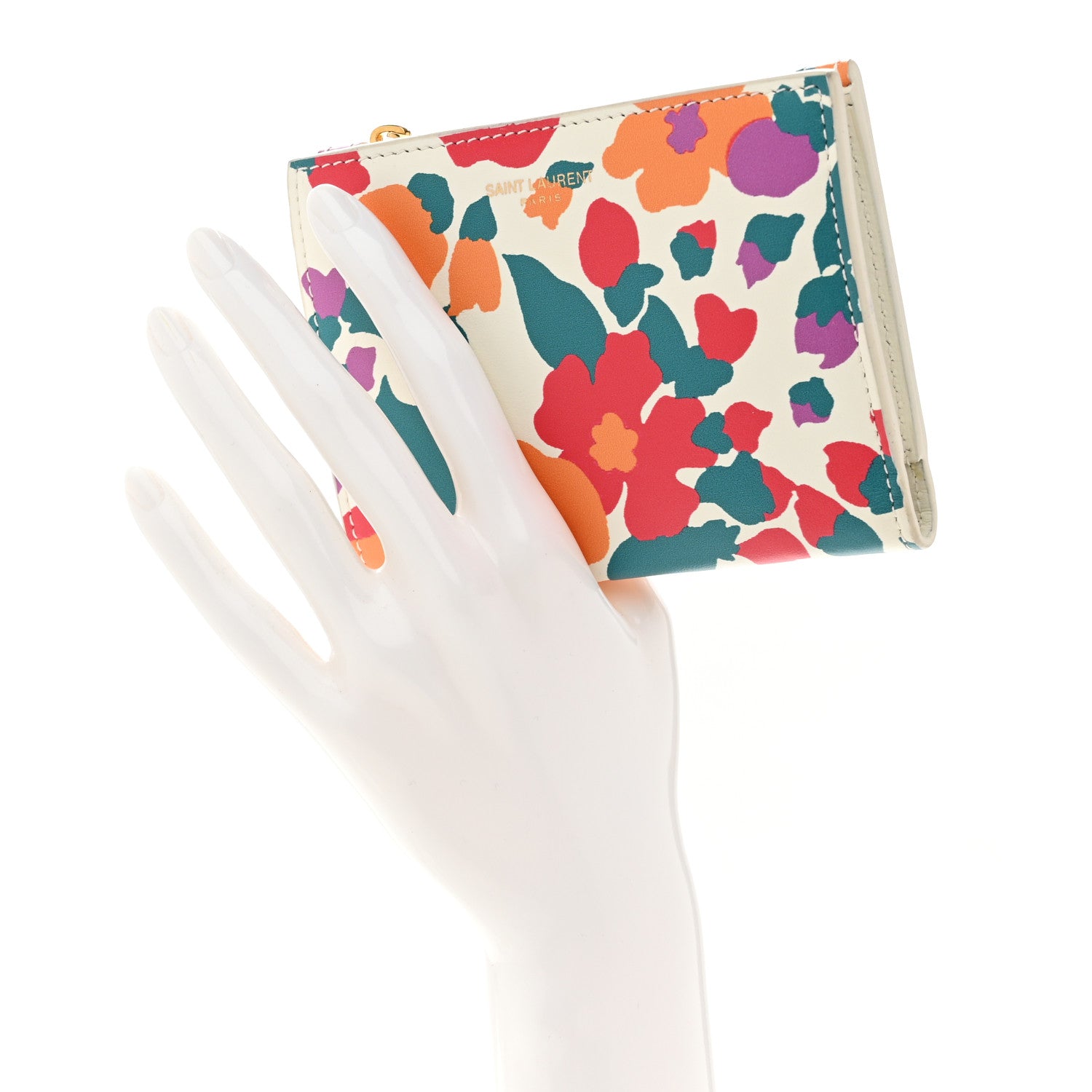 Saint Laurent Calfskin Floral Print Bi Fold Zipped Wallet Multicolor 2 of 7