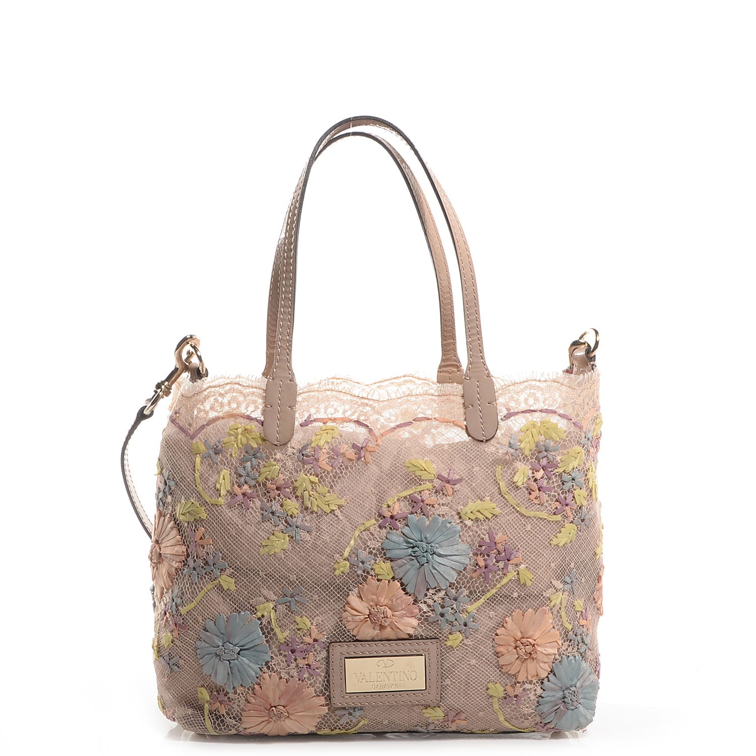 Valentino Garavani Patent Trimmed Lace Embroidered Tote Neutral 1 of 8
