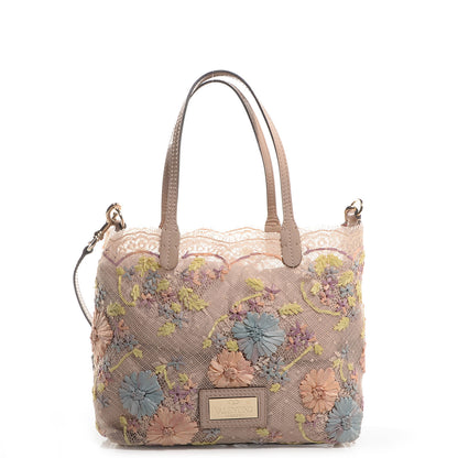 Valentino Garavani Patent Trimmed Lace Embroidered Tote Neutral 1 of 8
