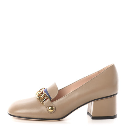 Gucci Malaga Kid Sylvie Web Chain Mid Heel Loafers 35.5 Mud 1 of 7