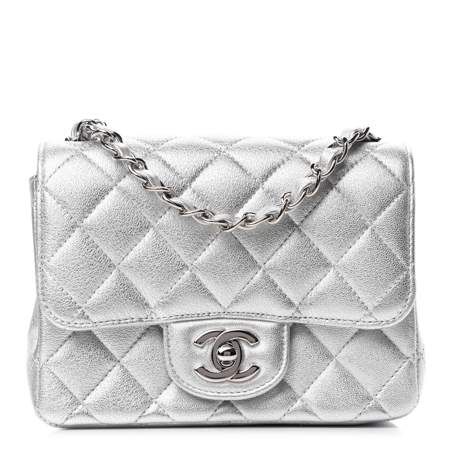 Metallic Lambskin Quilted Mini Square Flap Silver