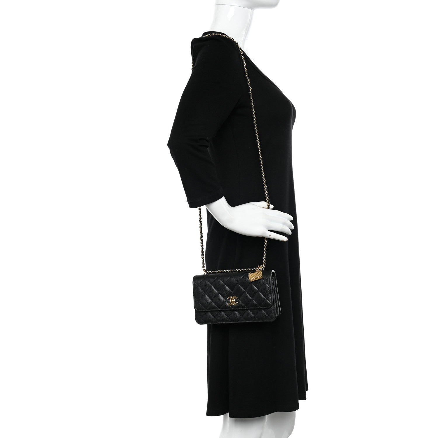 Chanel Shiny Caviar Quilted Flap Charm Wallet On Chain WOC Black 2 of 12