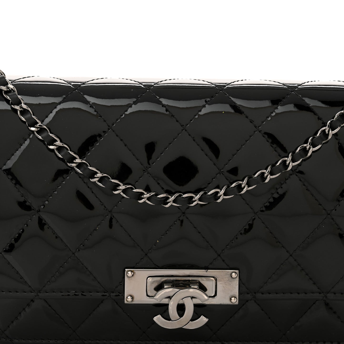 Patent Quilted Golden Class Wallet on Chain WOC Black