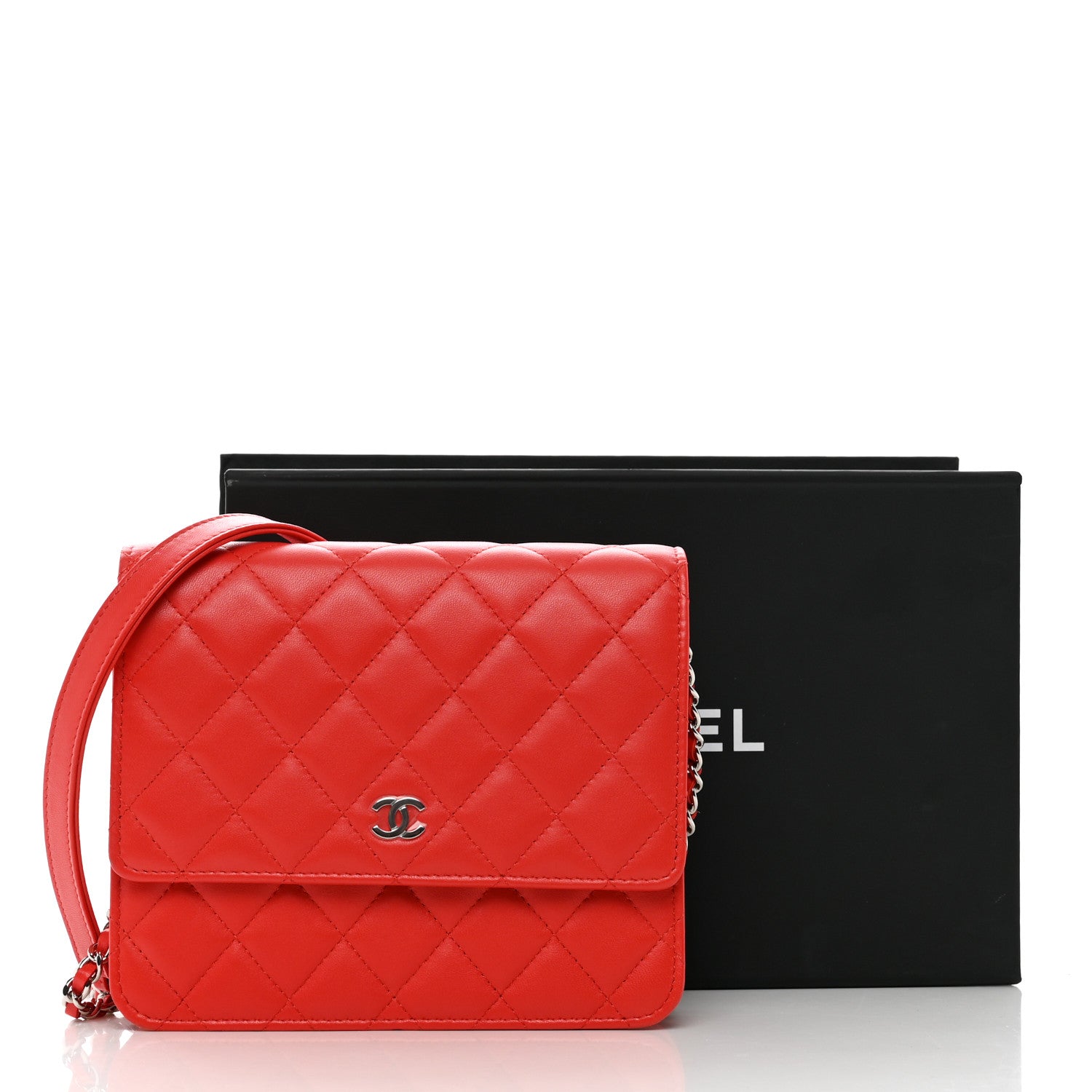 Chanel Lambskin Quilted Square Wallet On Chain WOC Red 12 of 12