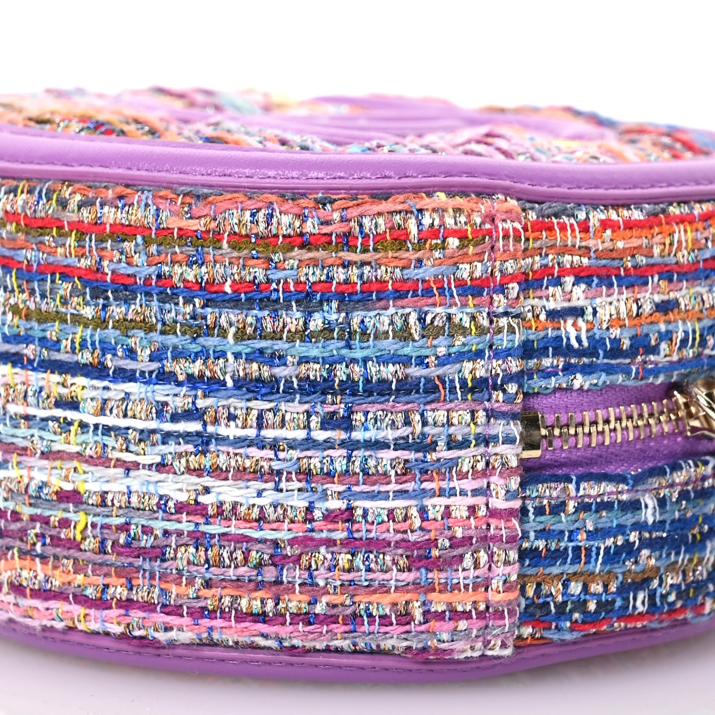 Tweed Quilted Round Filigree Clutch With Chain Purple Multicolor