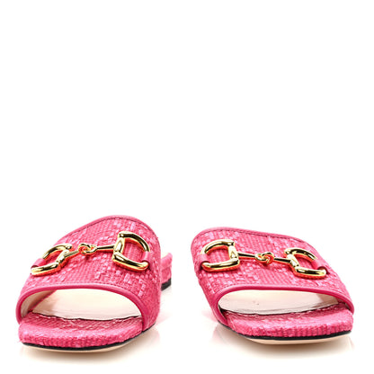 Gucci Tridimensional Raffia Malaga Kid GG Monogram Horsebit Flat Slide Sandals 38.5 Bright Fuxia 3 of 7