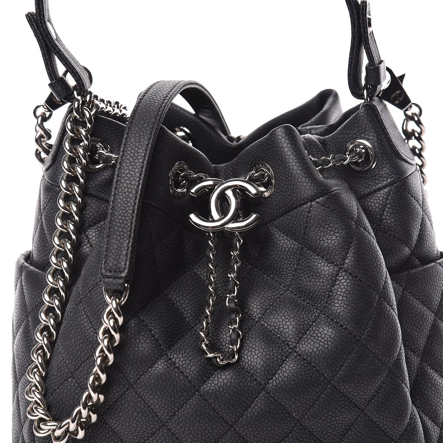 Caviar Flat Quilted CC Chain Bucket Drawstring Bag Black