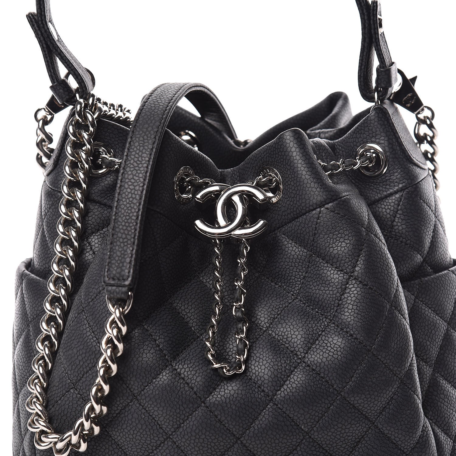 Chanel Caviar Flat Quilted CC Chain Bucket Drawstring Bag Black 14 of 15