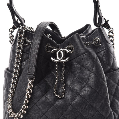 Chanel Caviar Flat Quilted CC Chain Bucket Drawstring Bag Black 14 of 15