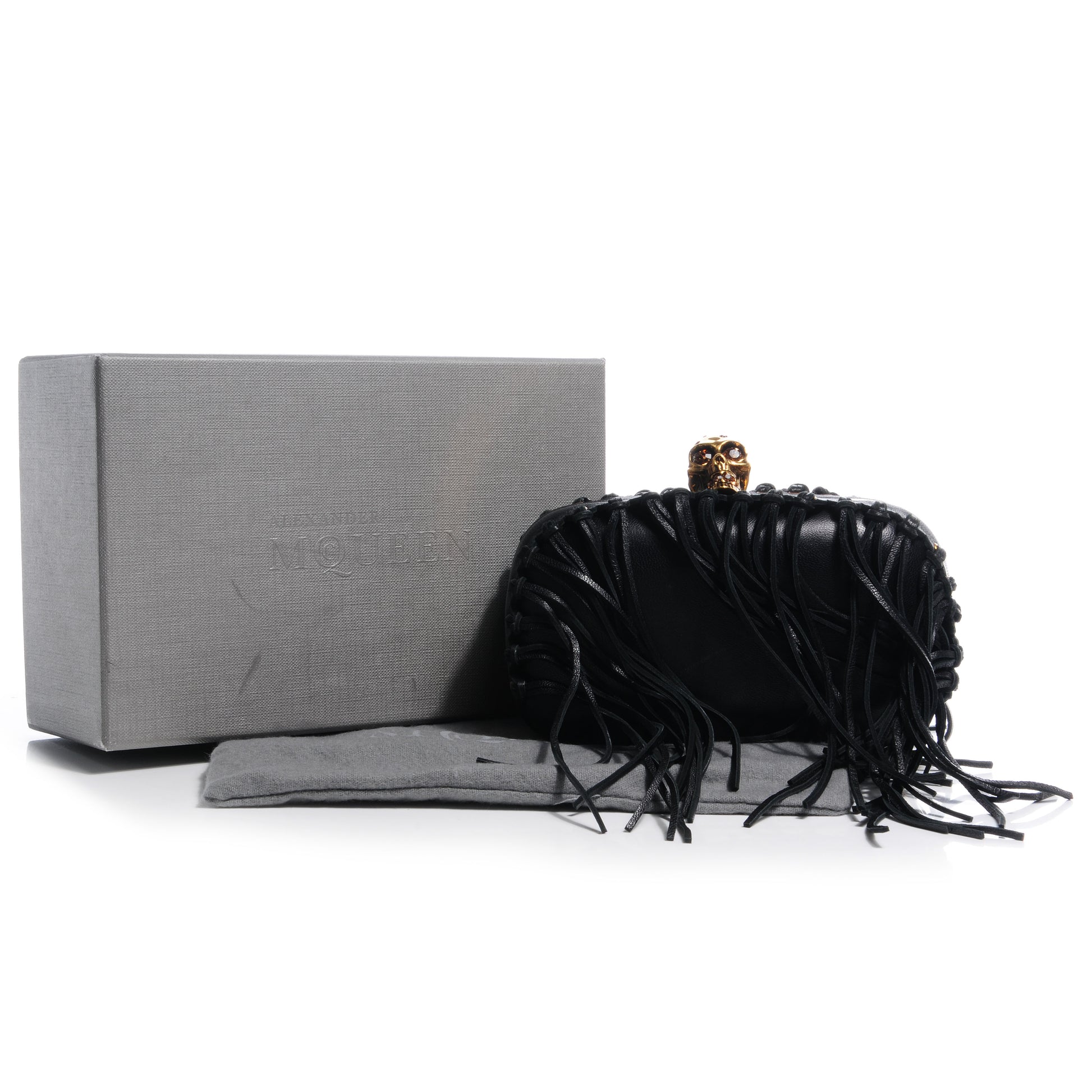 Alexander McQueen Leather Fringe Crystal Skull Box Clutch Black 10 of 10