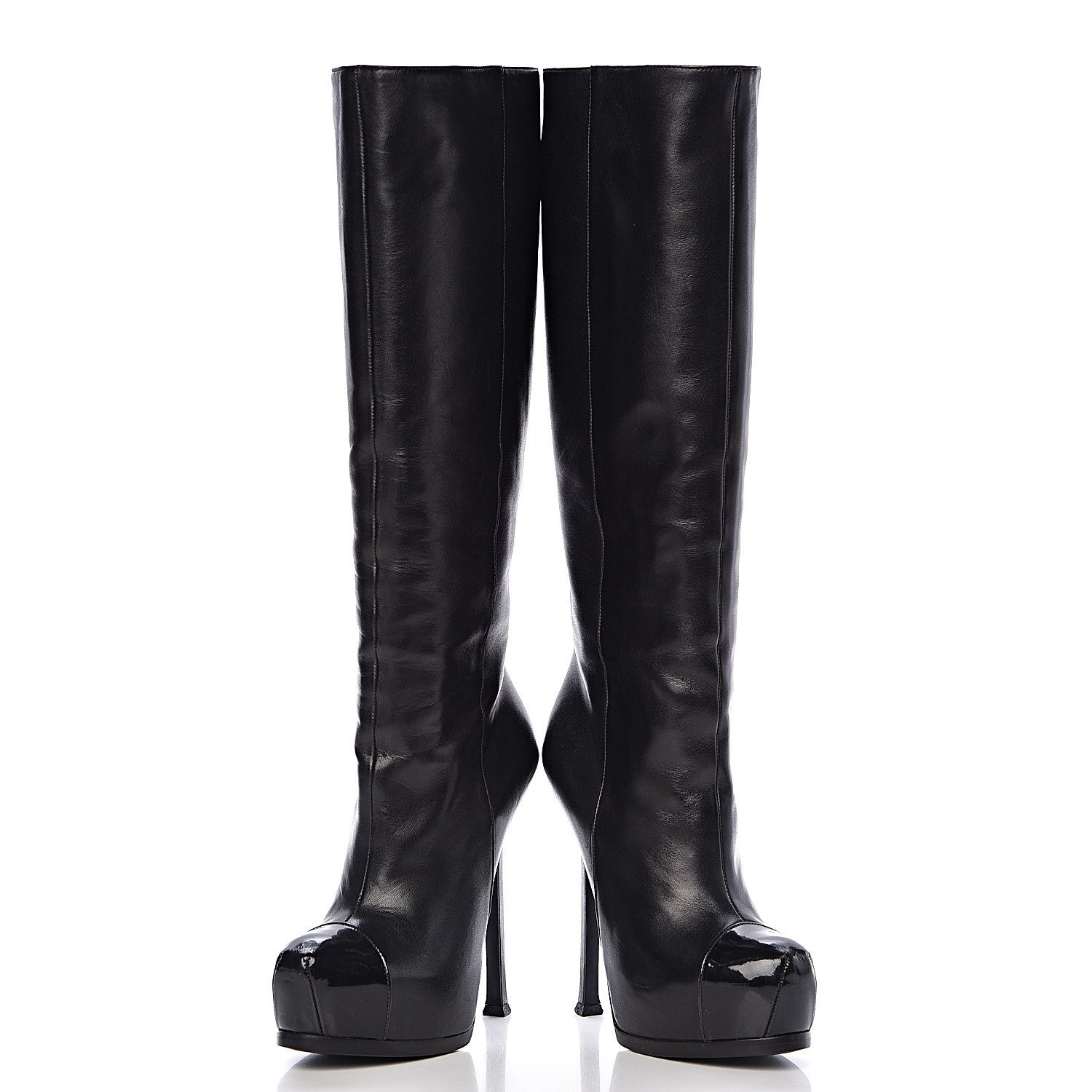 Saint Laurent Nappa Vernice Cap Toe Platform Knee High Boots 37 Black 6 of 12
