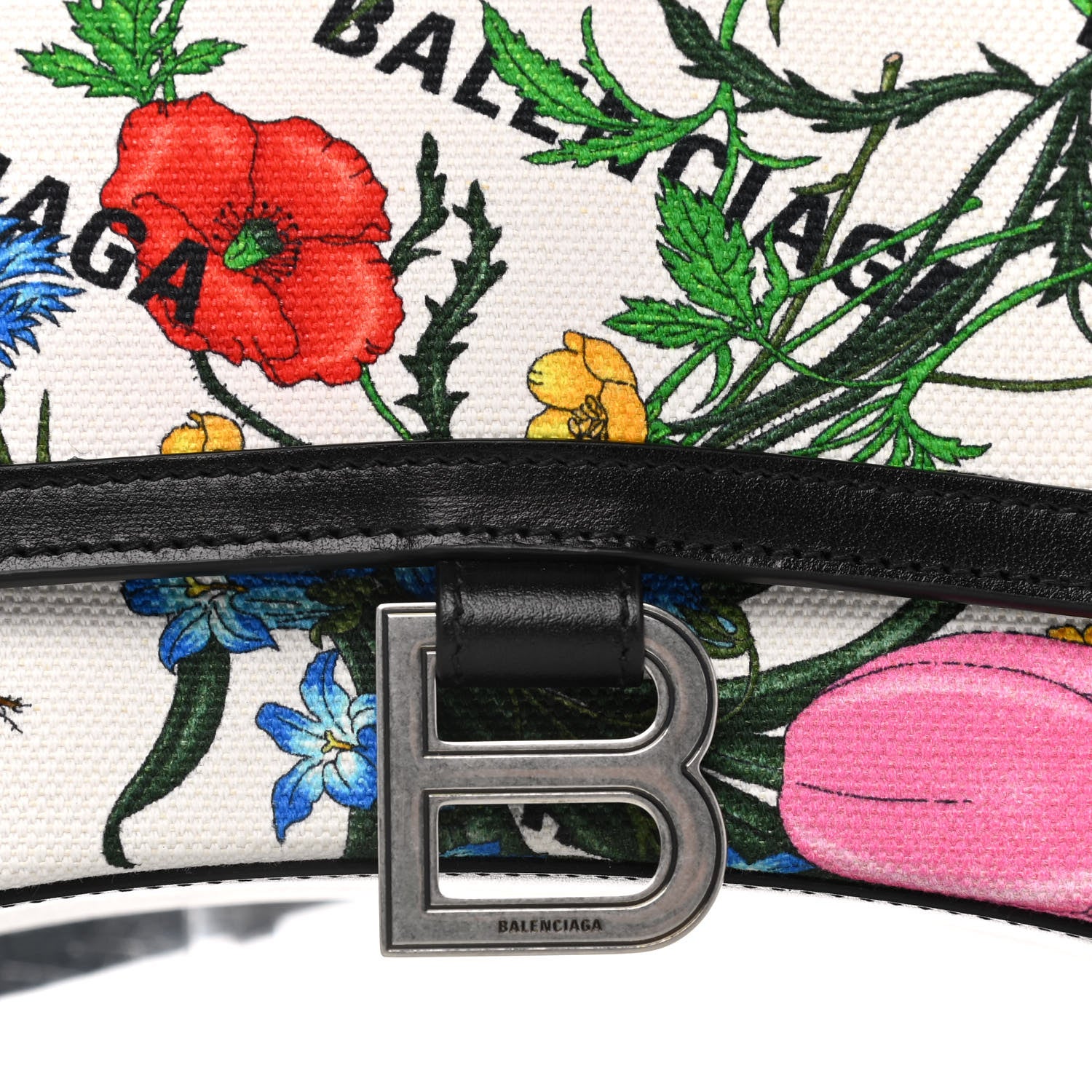 Balenciaga X GUCCI Canvas Boarded Plutone Calfskin Flora Logo Print Small Hourglass Top Handle Bag White Multicolor Black 7 of 13