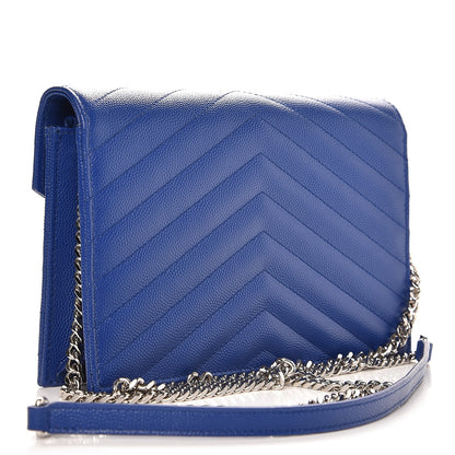 Saint Laurent Grain De Poudre Matelasse Chevron Monogram Envelope Chain Wallet Royal Blue 3 of 8