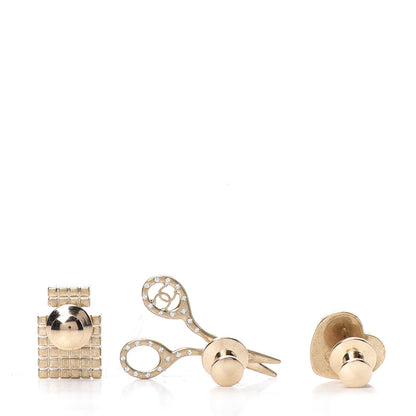 Chanel Metal Strass Crystal Quilted CC Heart Scissors Perfume Brooch Set Gold 3 of 5