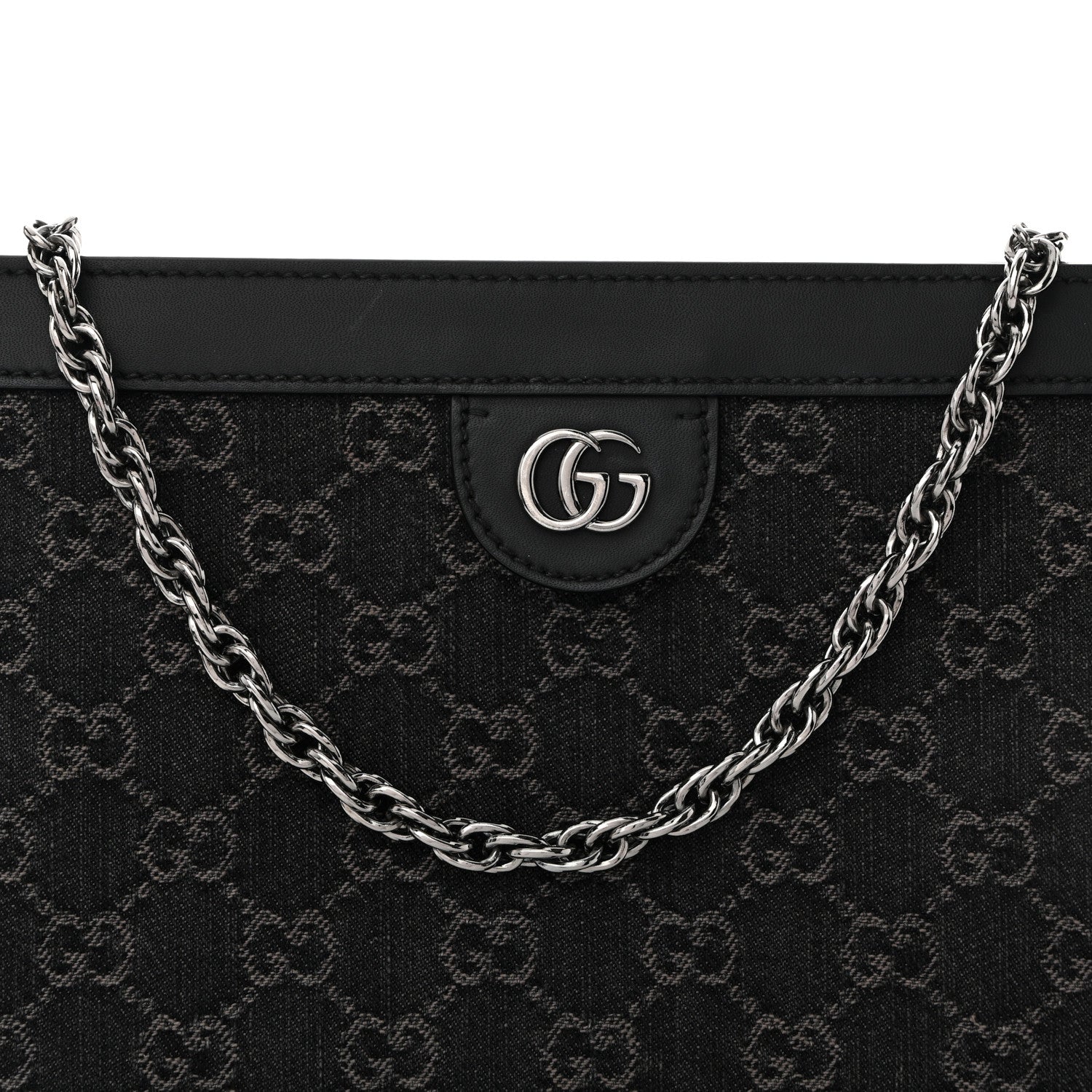 Gucci Jacquard Black Denim GG Monogram Chain Shoulder Bag Black Ivory 7 of 12