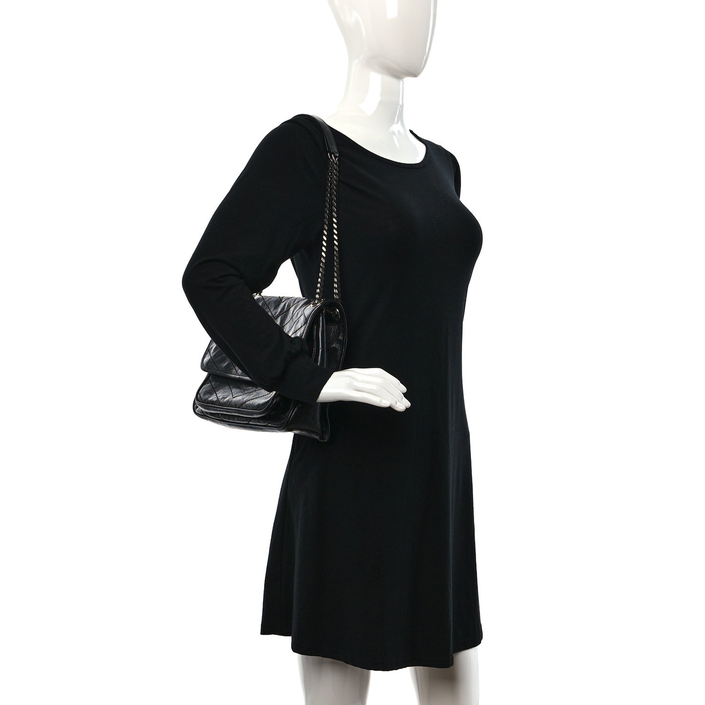 Crinkled Calfskin Matelasse Monogram Medium Niki Chain Satchel Black
