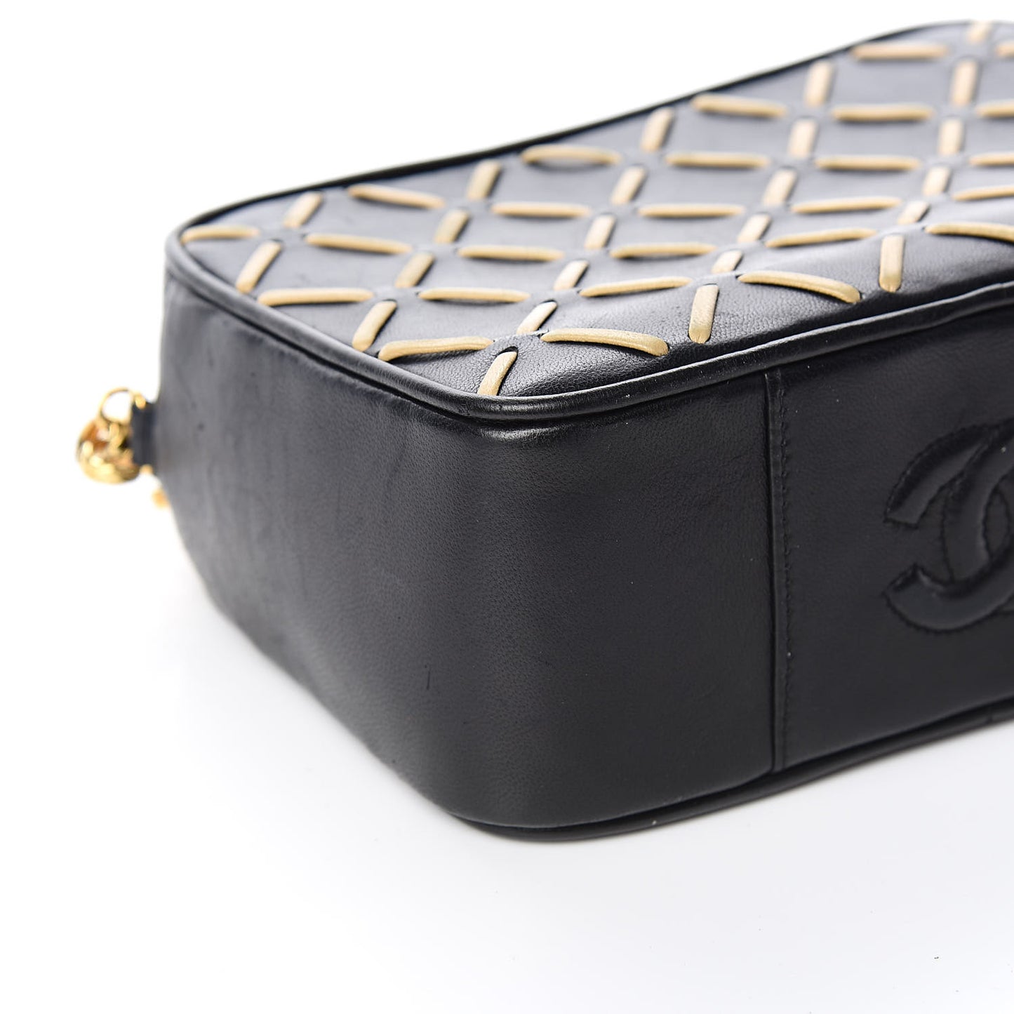 Lambskin Stitched Tassel Camera Case Black Beige