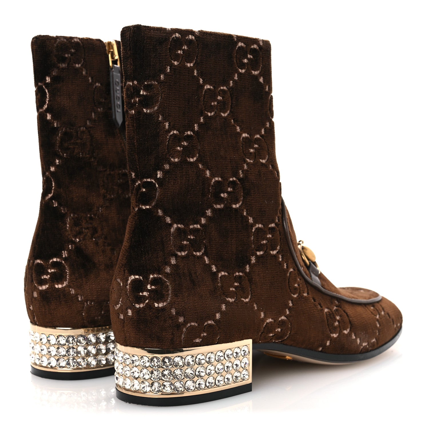 Gucci Velvet GG Monogram Crystal Horsebit Ankle Boots 37 Brown Vintage Cocoa 5 of 10