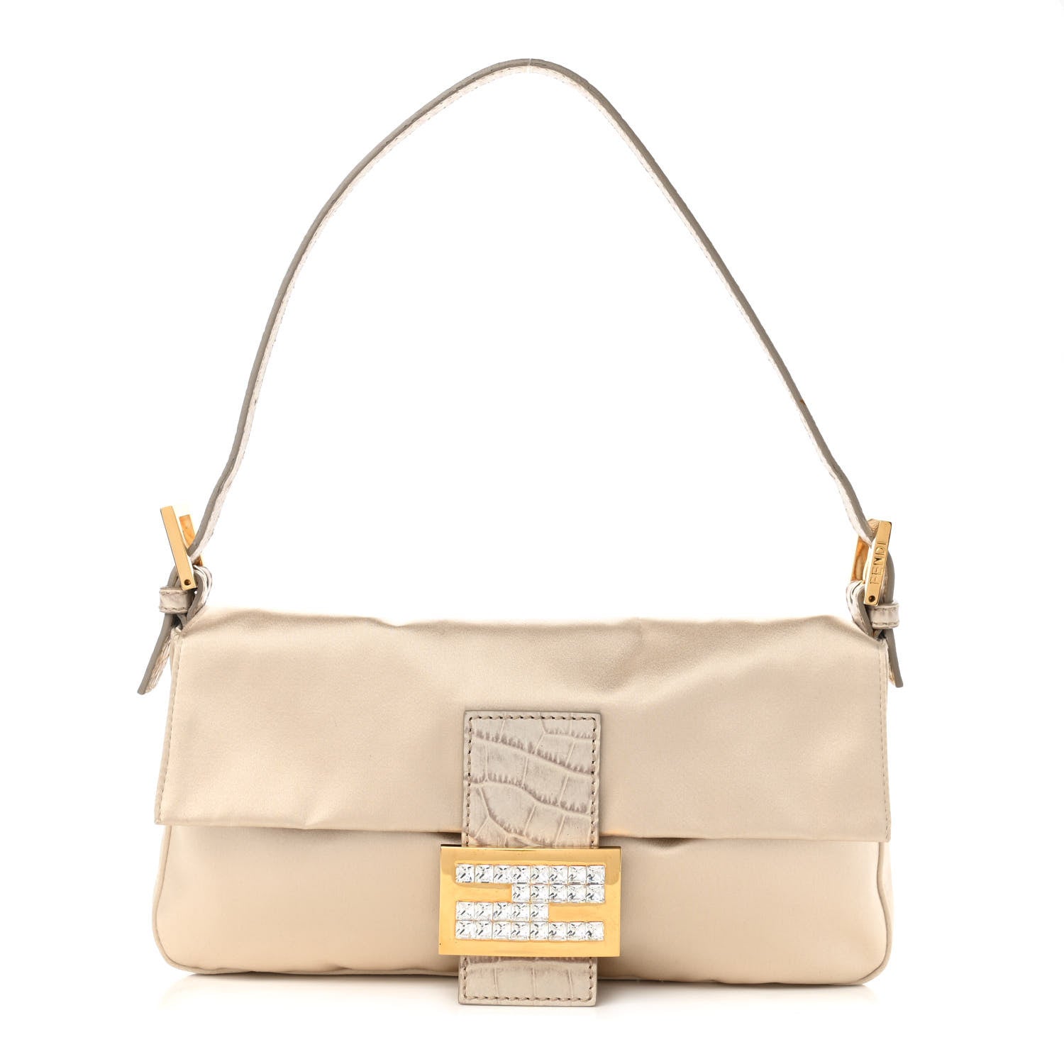 Fendi Satin Calfskin Crystal Crocodile Embossed Baguette Beige Pietra 1 of 10