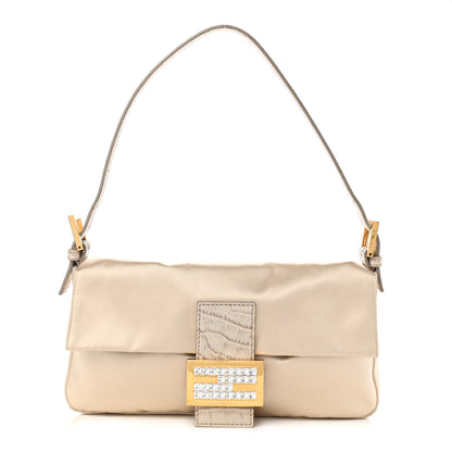 Fendi Satin Calfskin Crystal Crocodile Embossed Baguette Beige Pietra 1 of 10