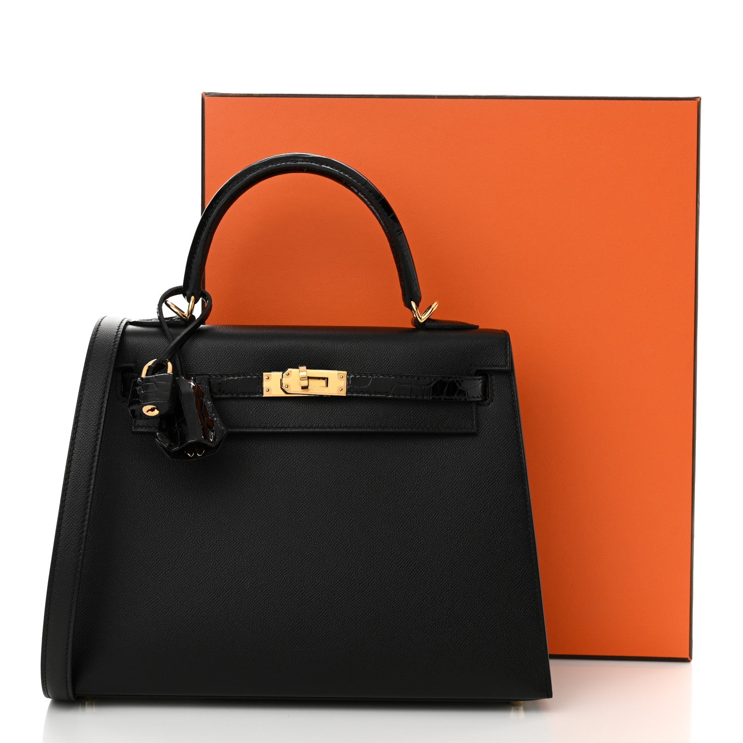 Hermes Madame Calfskin Shiny Niloticus Crocodile Kelly Sellier Touch 25 Black 11 of 11