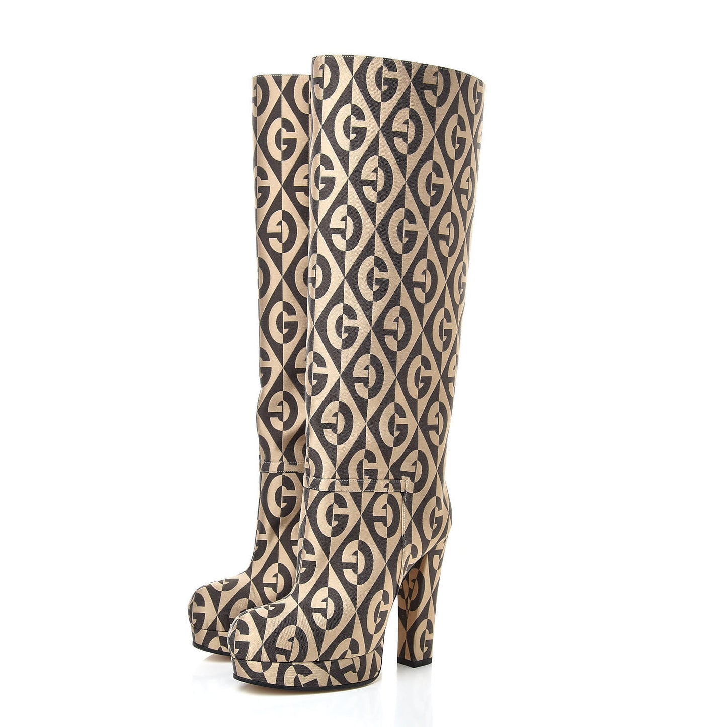 Fabric G Rhombus Print Platform Boots 35 Beige Cocoa