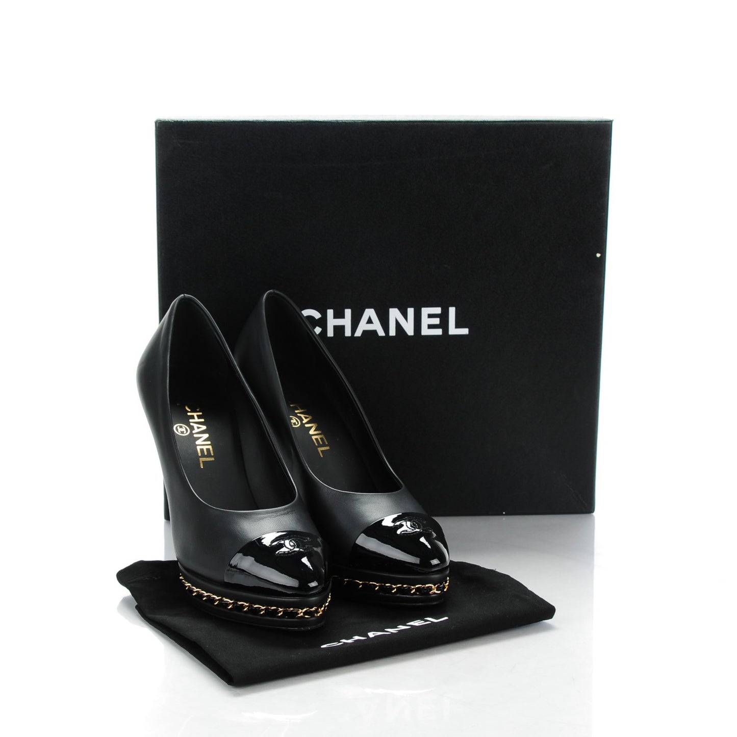 Calfskin Patent Cap Toe Chain Pumps 37.5 Black