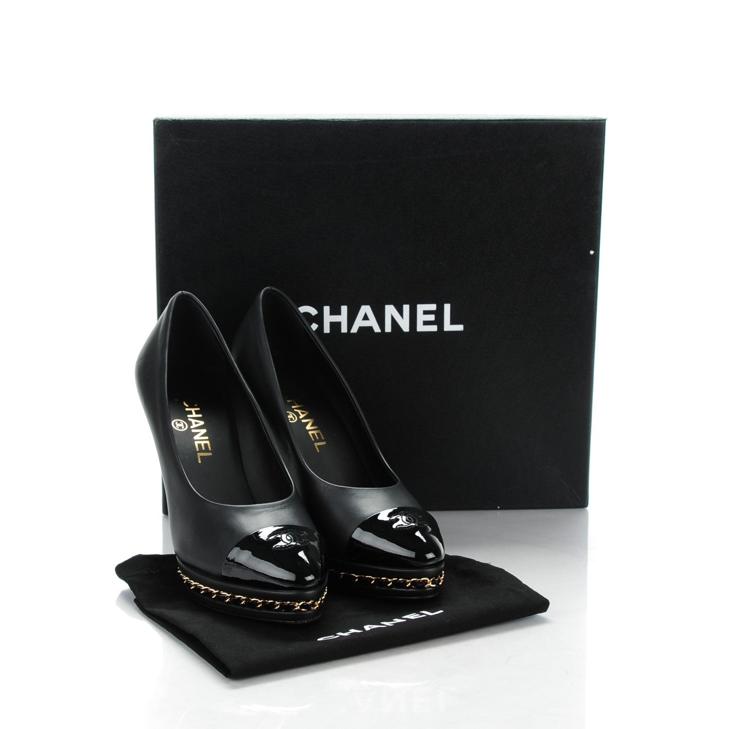 Chanel Calfskin Patent Cap Toe Chain Pumps 37.5 Black 9 of 9