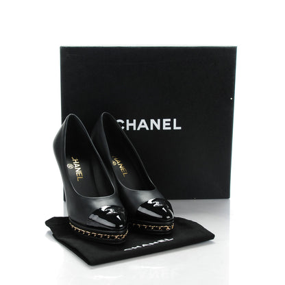 Chanel Calfskin Patent Cap Toe Chain Pumps 37.5 Black 9 of 9