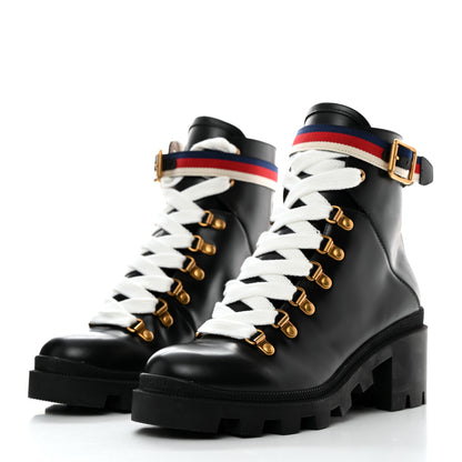 Gucci Calfskin Sylvie Web Womens Lace Up Combat Boots 37 Black 3 of 9
