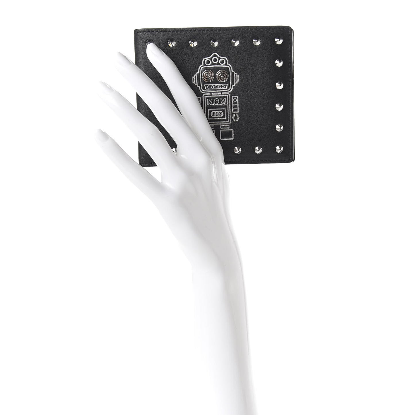 Calfskin Studded Robot Bi-Fold Wallet Black