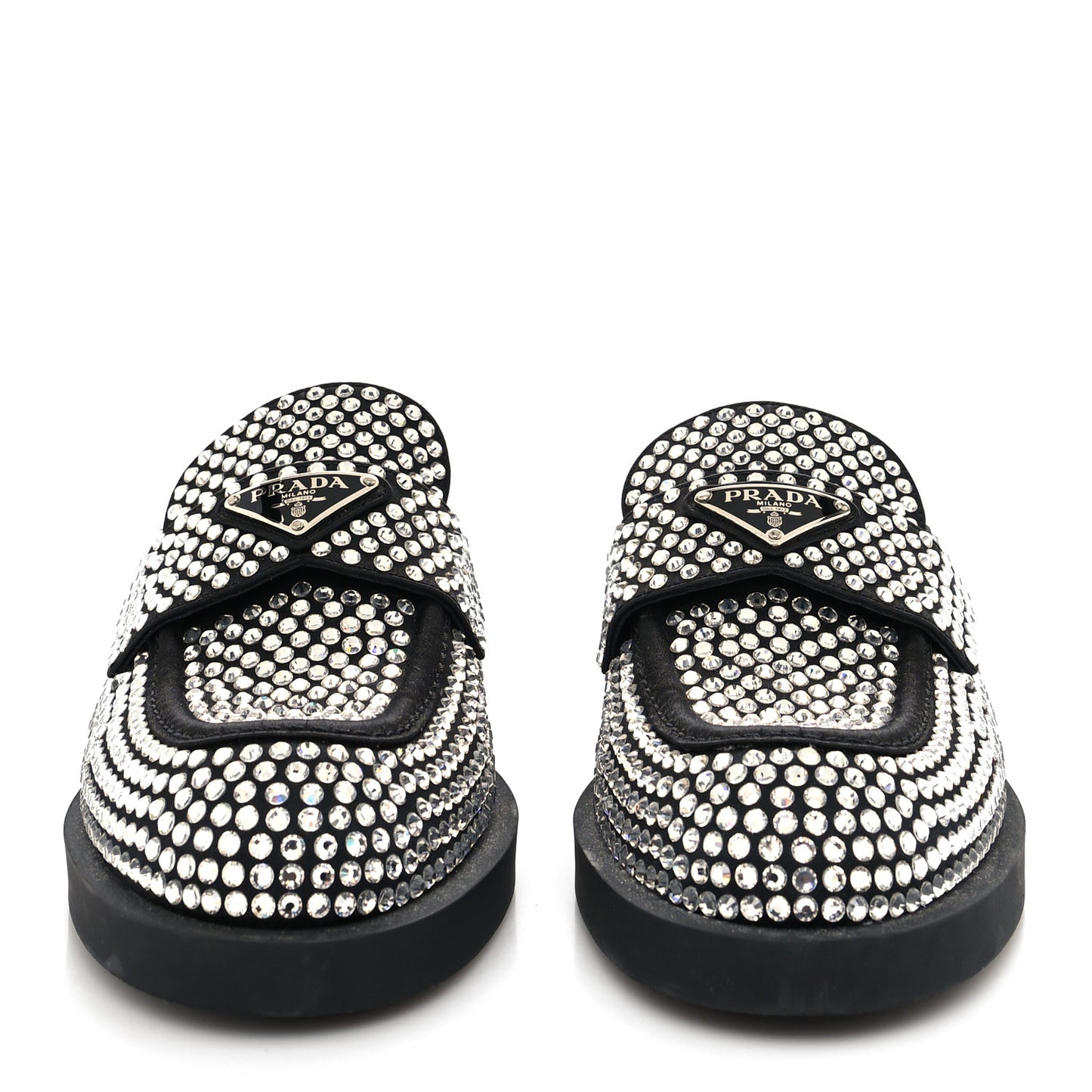 Satin Crystal Metal Triangle Logo 40mm Loafer Mules 39.5 Cristal