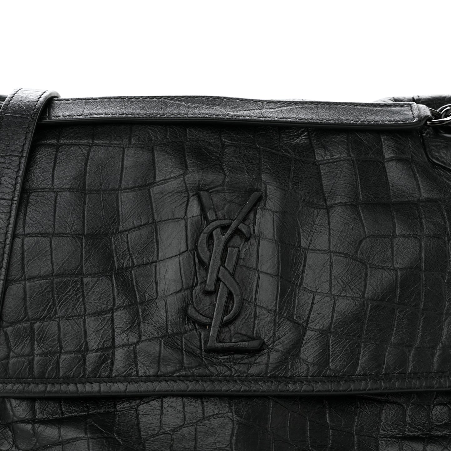 Crocodile Embossed Lambskin Monogram Medium Niki Chain Satchel Black