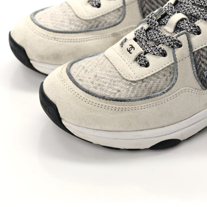 Chanel Fabric Suede Calfskin Womens CC Sneakers 37 Ivory Light Gray White Blue 10 of 11