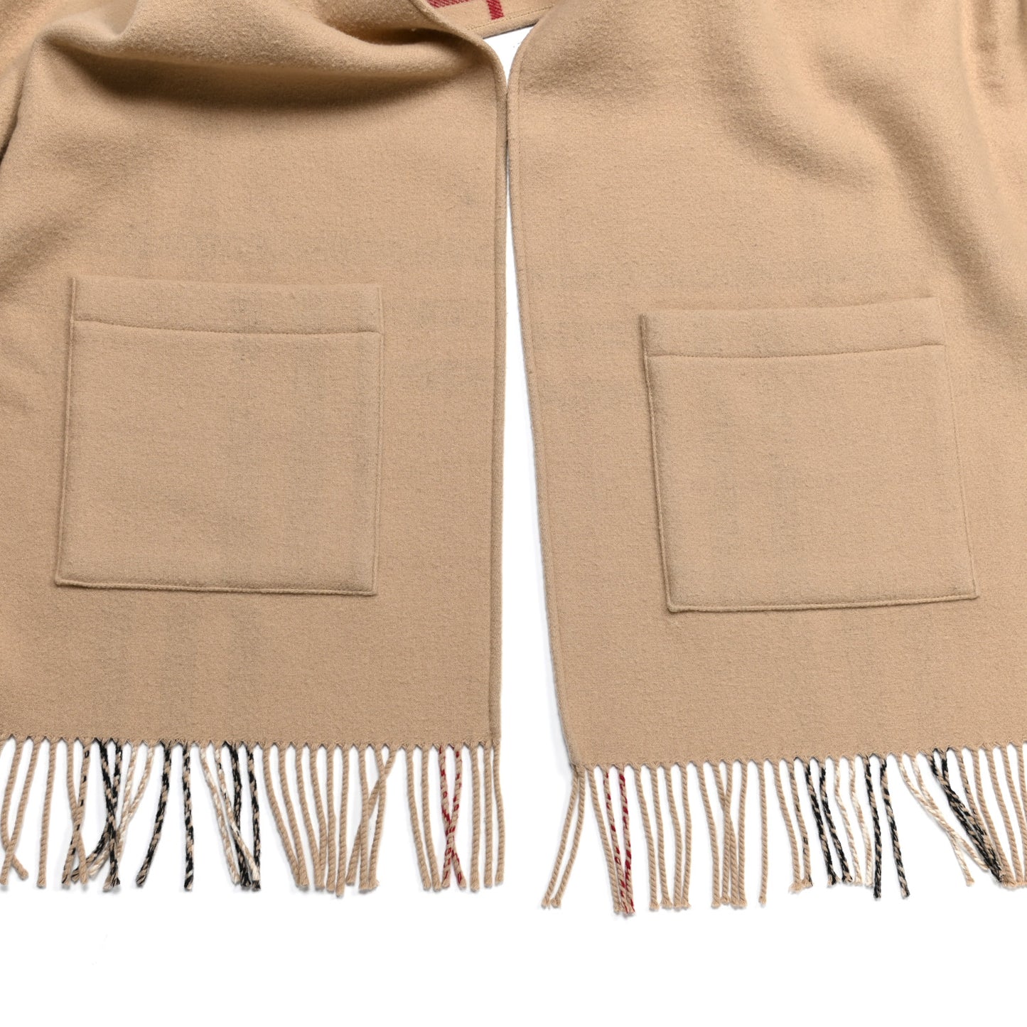 Wool Cashmere Giant Check Fringe Scarf Camel
