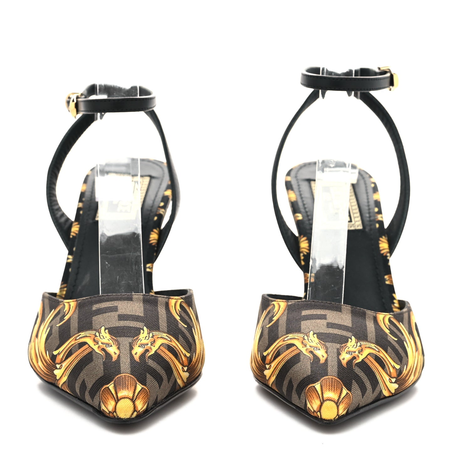 X VERSACE Silk Calfskin Fendace Fendi First 95mm Slingback Sandals 35 Tobacco Black Gold