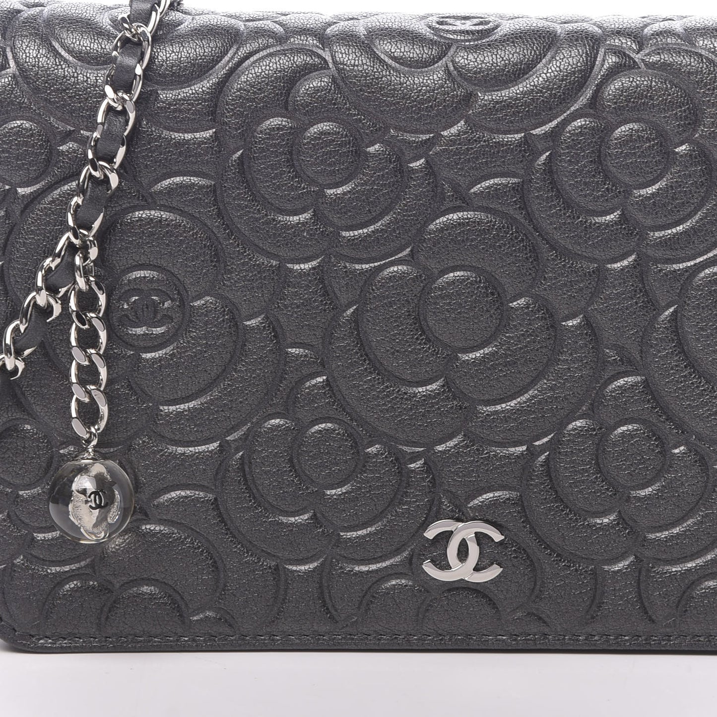 Goatskin Camellia Embossed Wallet On Chain WOC Grey