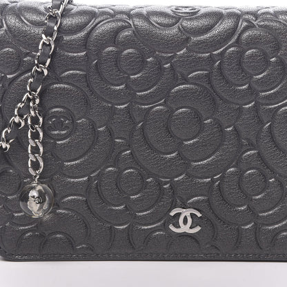 Chanel Goatskin Camellia Embossed Wallet On Chain WOC Grey 11 of 14