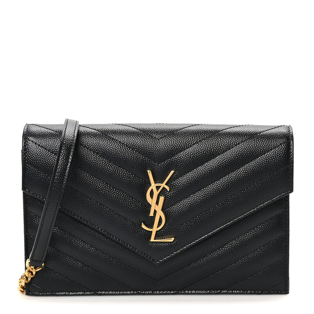 Saint Laurent Grain De Poudre Matelasse Chevron Monogram Envelope Chain Wallet Black 1 of 8