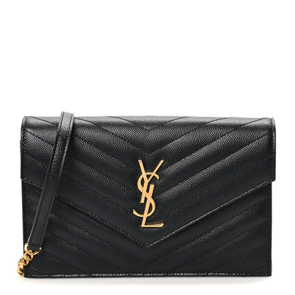 Saint Laurent Grain De Poudre Matelasse Chevron Monogram Envelope Chain Wallet Black 1 of 8