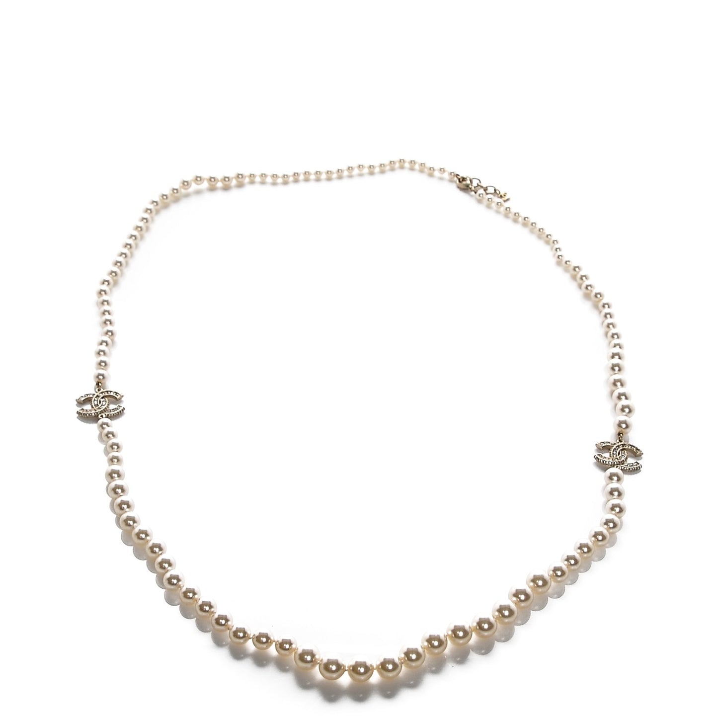 Graduated Pearl Crystal CC Long Necklace Gold